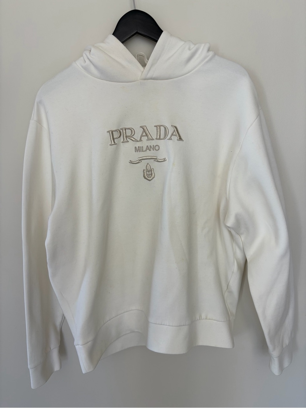 Prada White Crewneck Hoodie with Subtle Embroidered Logo